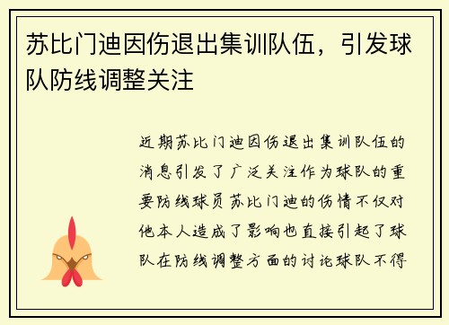 苏比门迪因伤退出集训队伍，引发球队防线调整关注